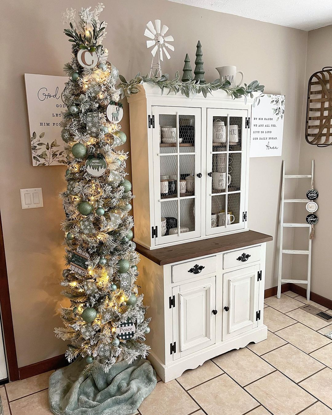 Add a Slim Christmas Tree for a Cozy Farmhouse Corner