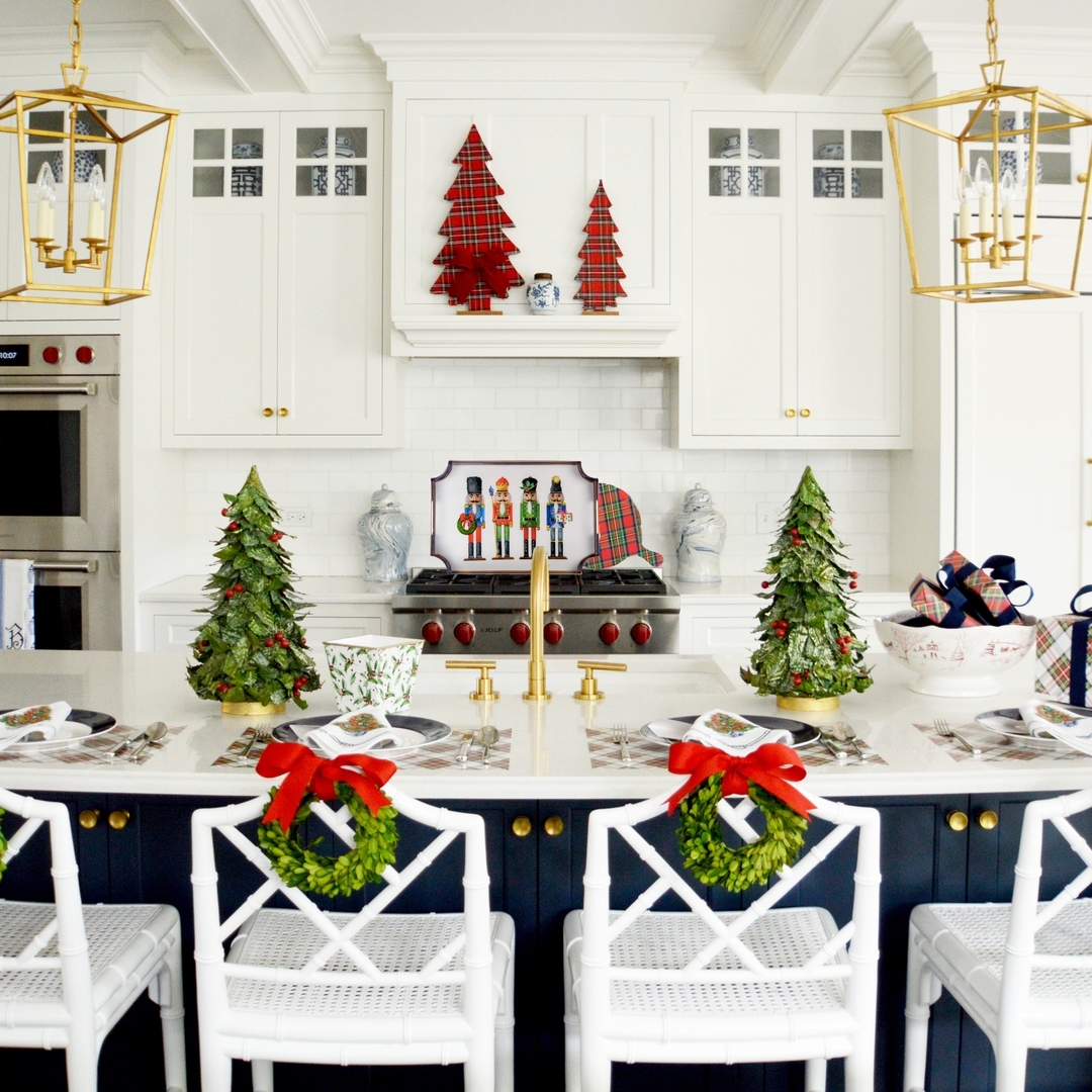 Add Plaid Accents and Miniature Trees for a Festive and Elegant Kitchen