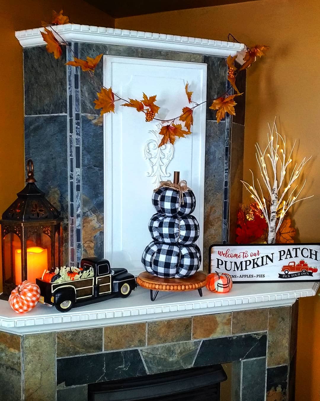 Create a Cozy Rustic Fall Mantel with Plaid Pumpkins and Vintage Accents