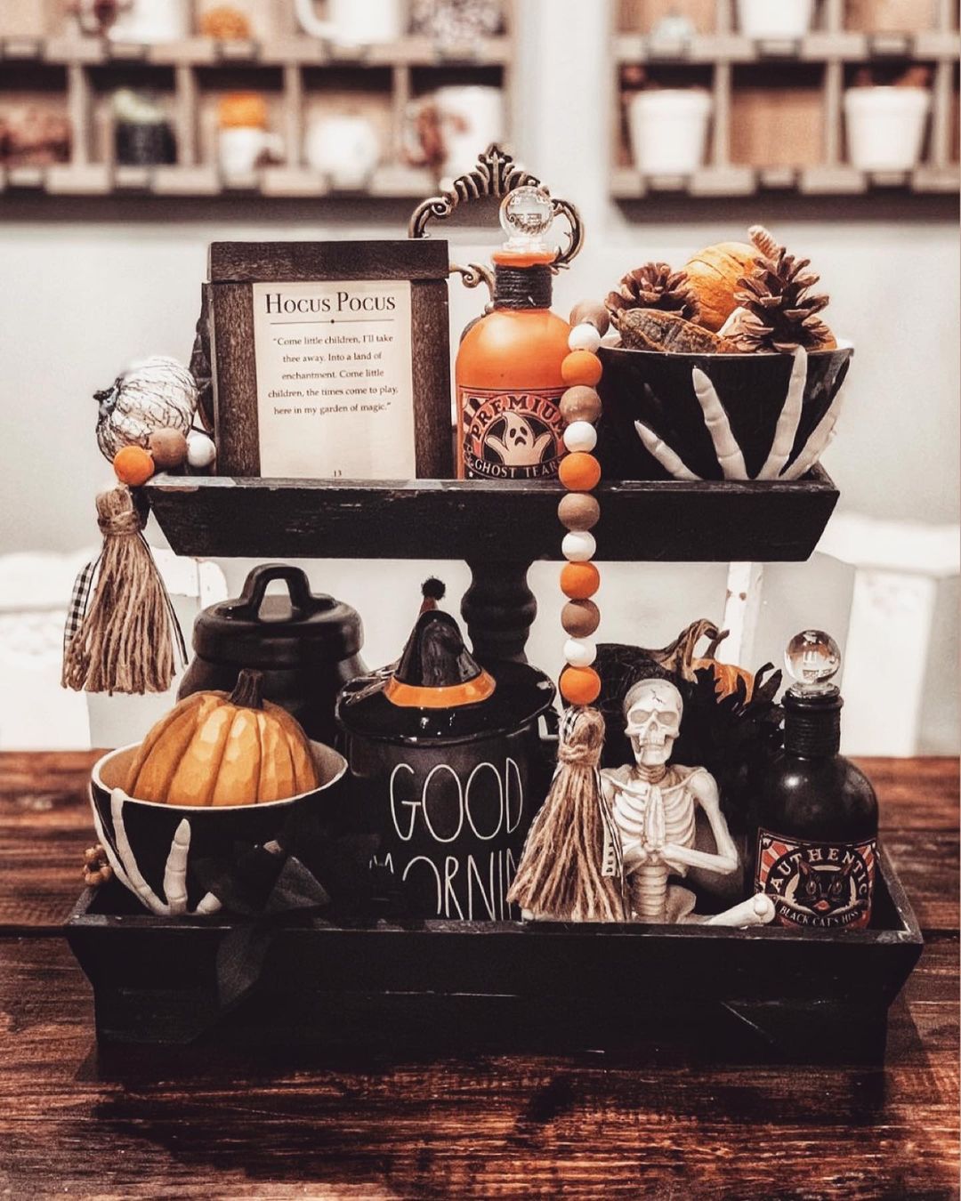 Spooky Rustic Fall Vignette with Tiered Trays and Halloween Accents