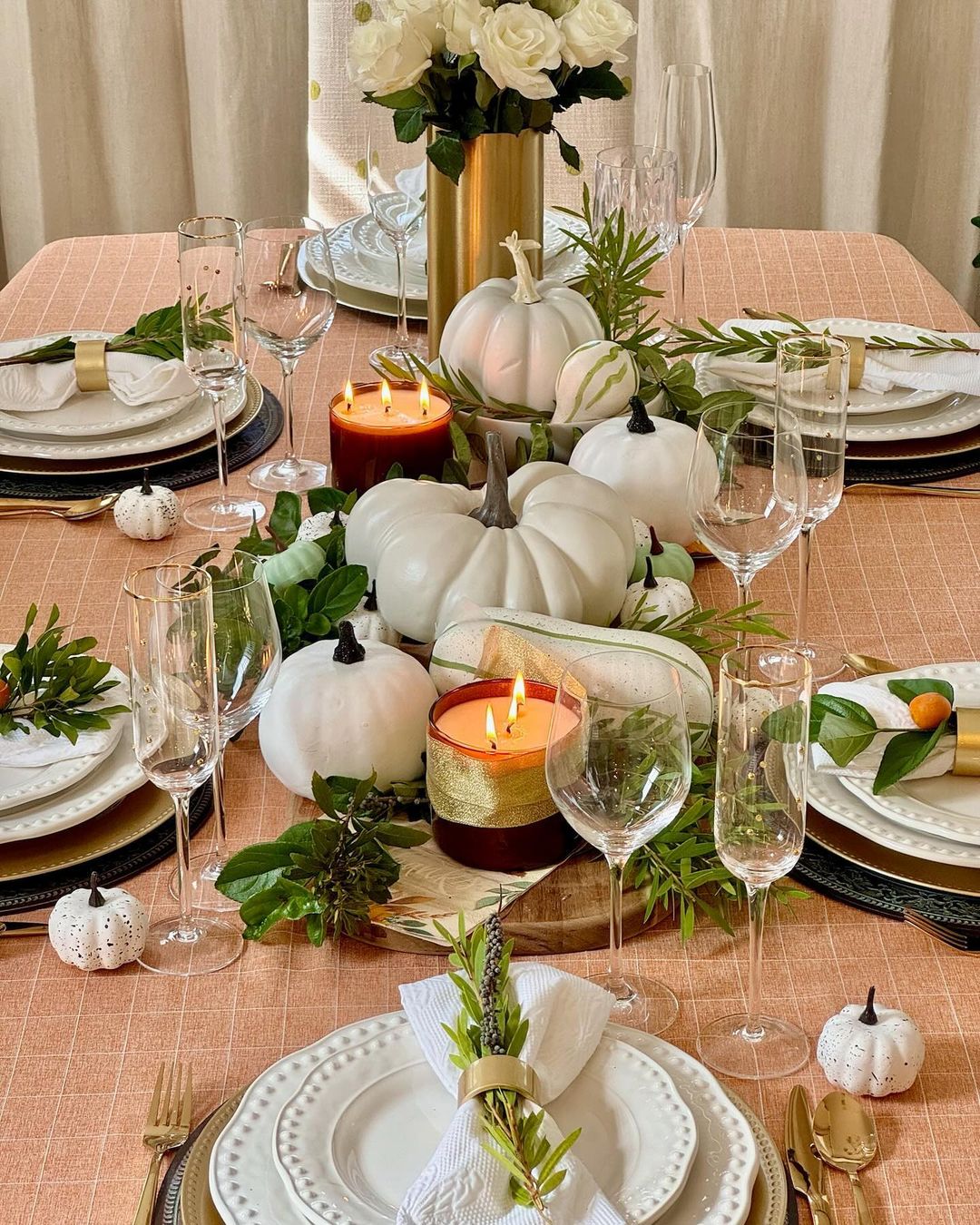 Elegant White Pumpkin and Greenery Thanksgiving Table