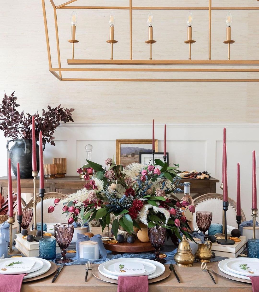 Bold and Vibrant Thanksgiving Table with Rich Hues and Florals