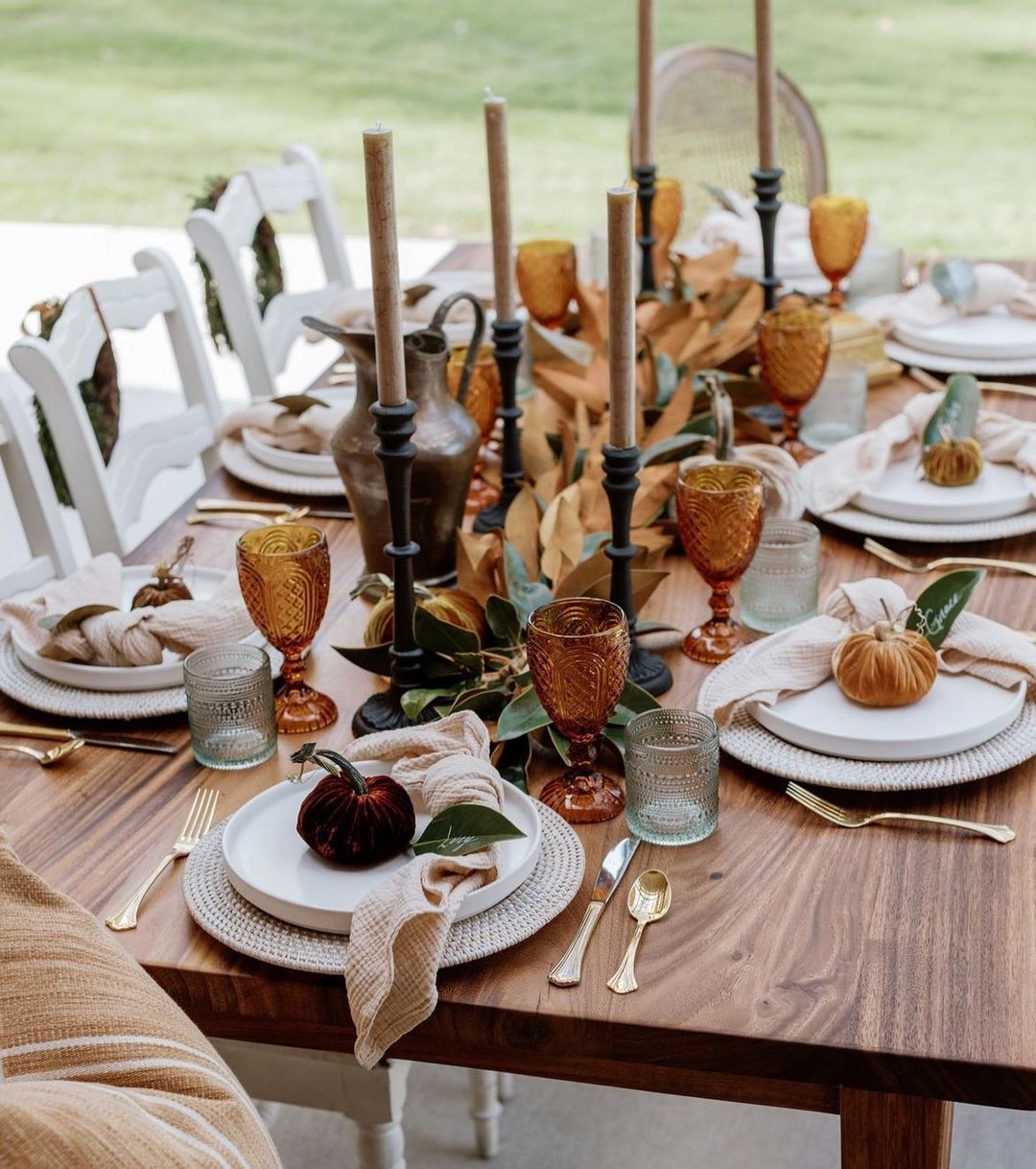 Elegant Rustic Outdoor Thanksgiving Table with Velvet Pumpkins