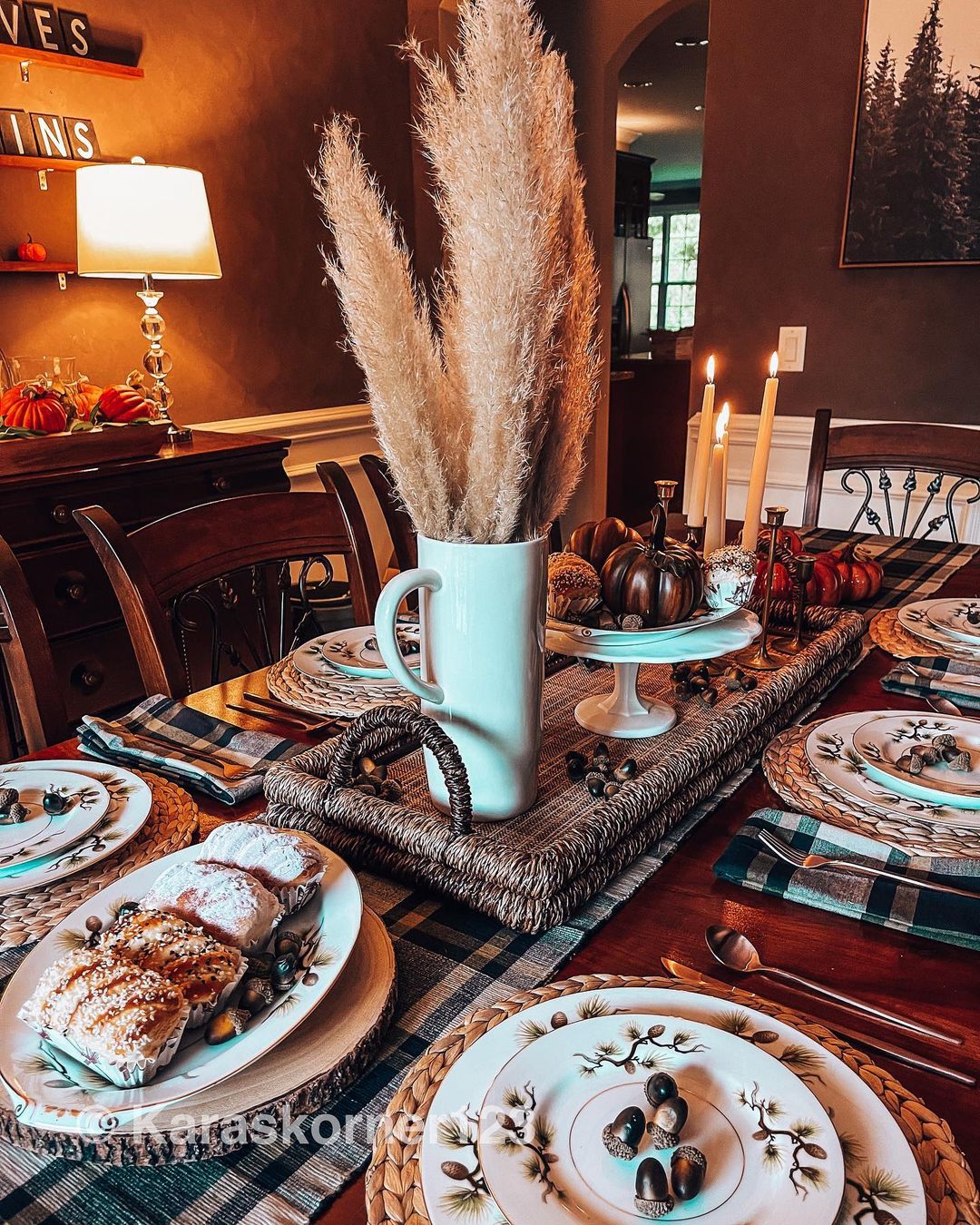 Cozy Rustic Thanksgiving Table with Pampas Grass and Acorn Details