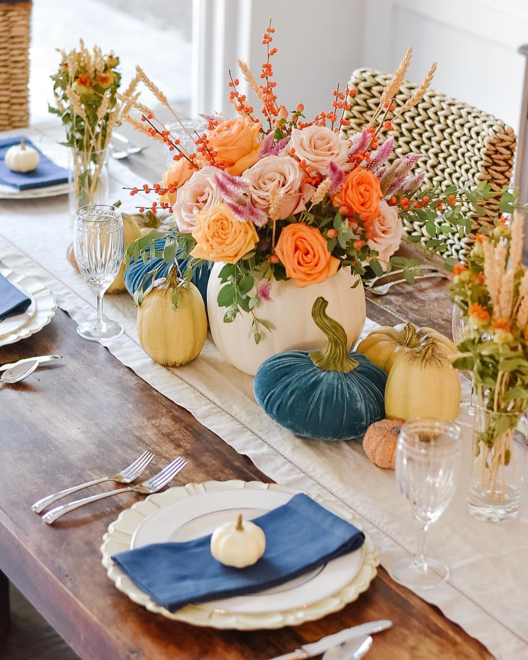 Vibrant Floral and Velvet Pumpkins for a Bold Thanksgiving Table