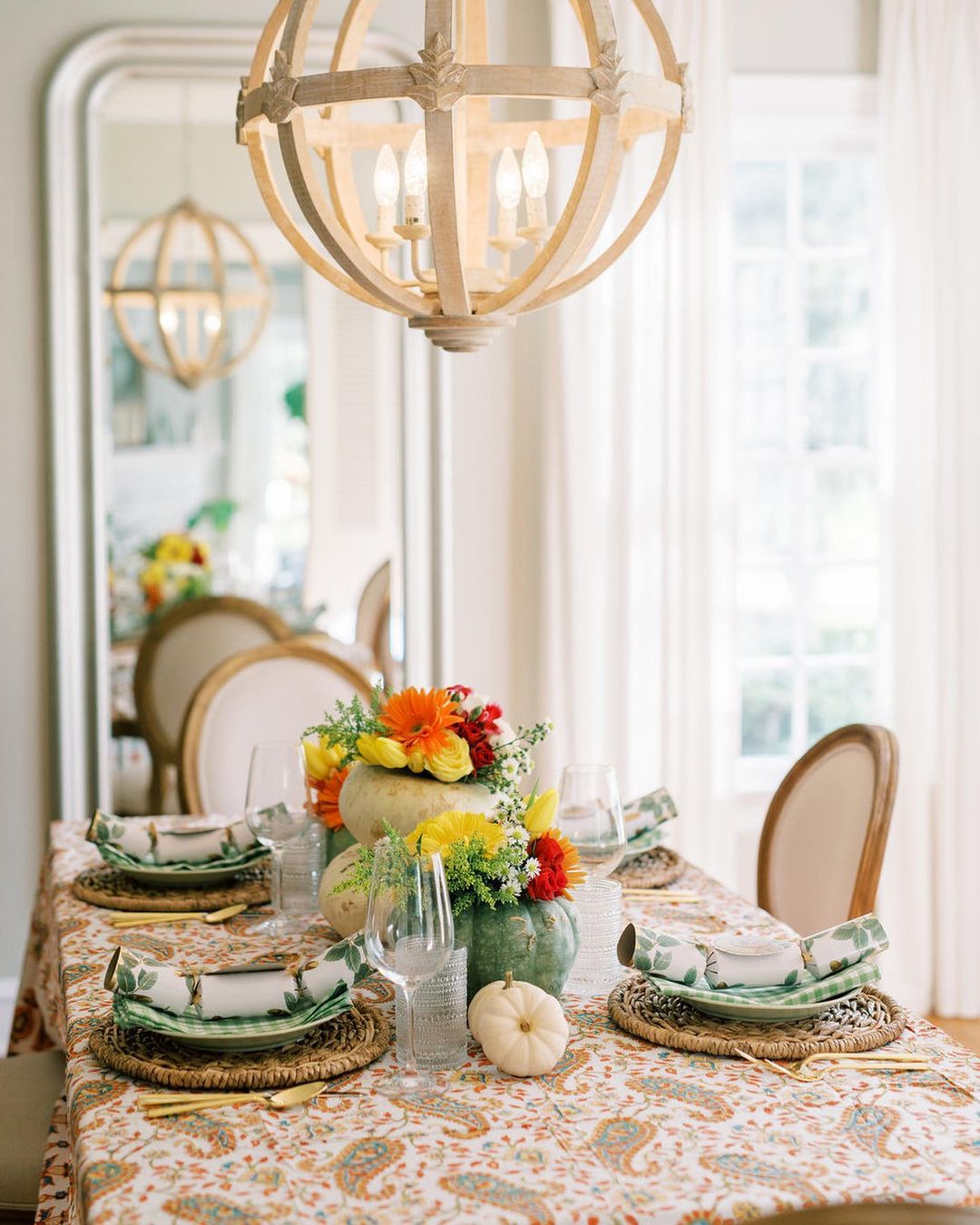 Bright and Fresh Thanksgiving Table with Floral Pumpkins