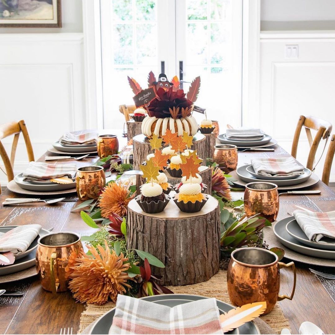 Rustic Thanksgiving Table with Woodland Charm and Cupcake Centrepiece