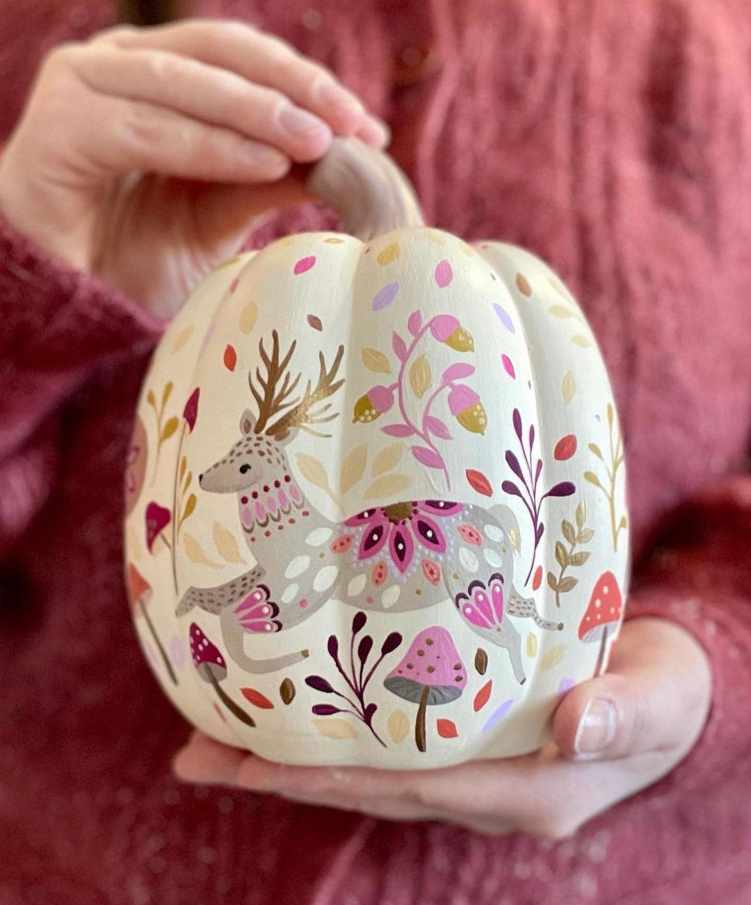 Whimsical Woodland Scene on a White Pumpkin