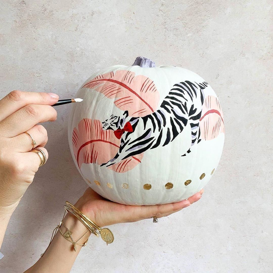 Chic Zebra and Palm Leaf Painted Pumpkin