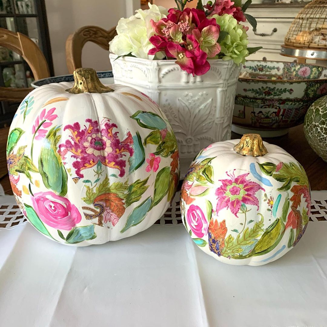 Vibrant Botanical-Inspired Painted Pumpkins