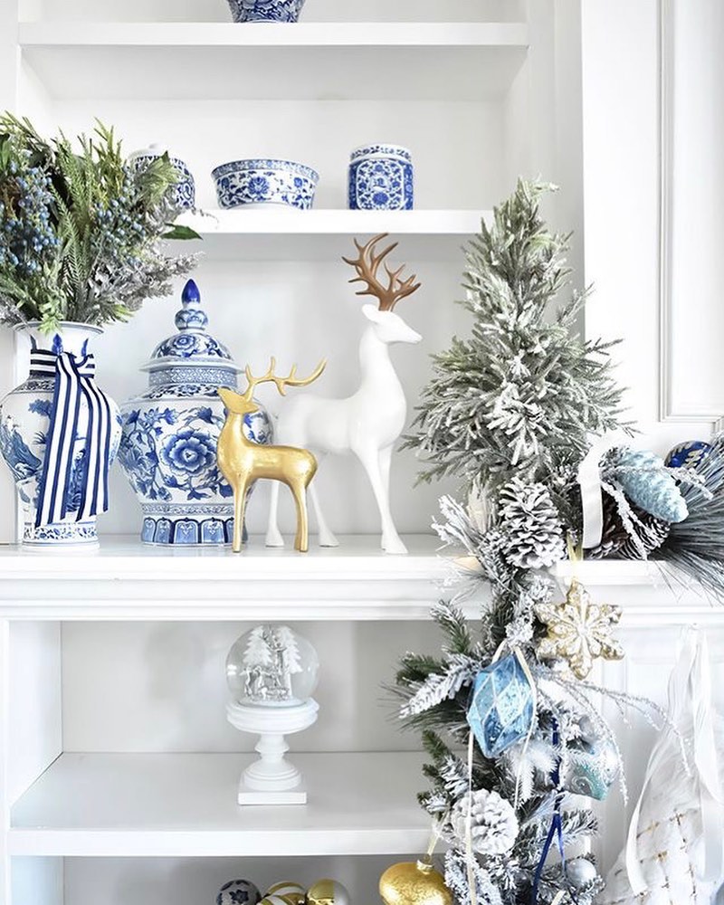 Elegant Blue and Gold Holiday Shelf