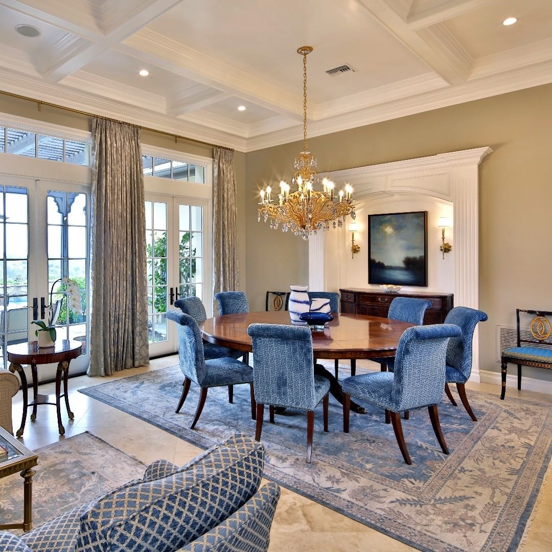 Blue Elegance Under Coffered Ceiling