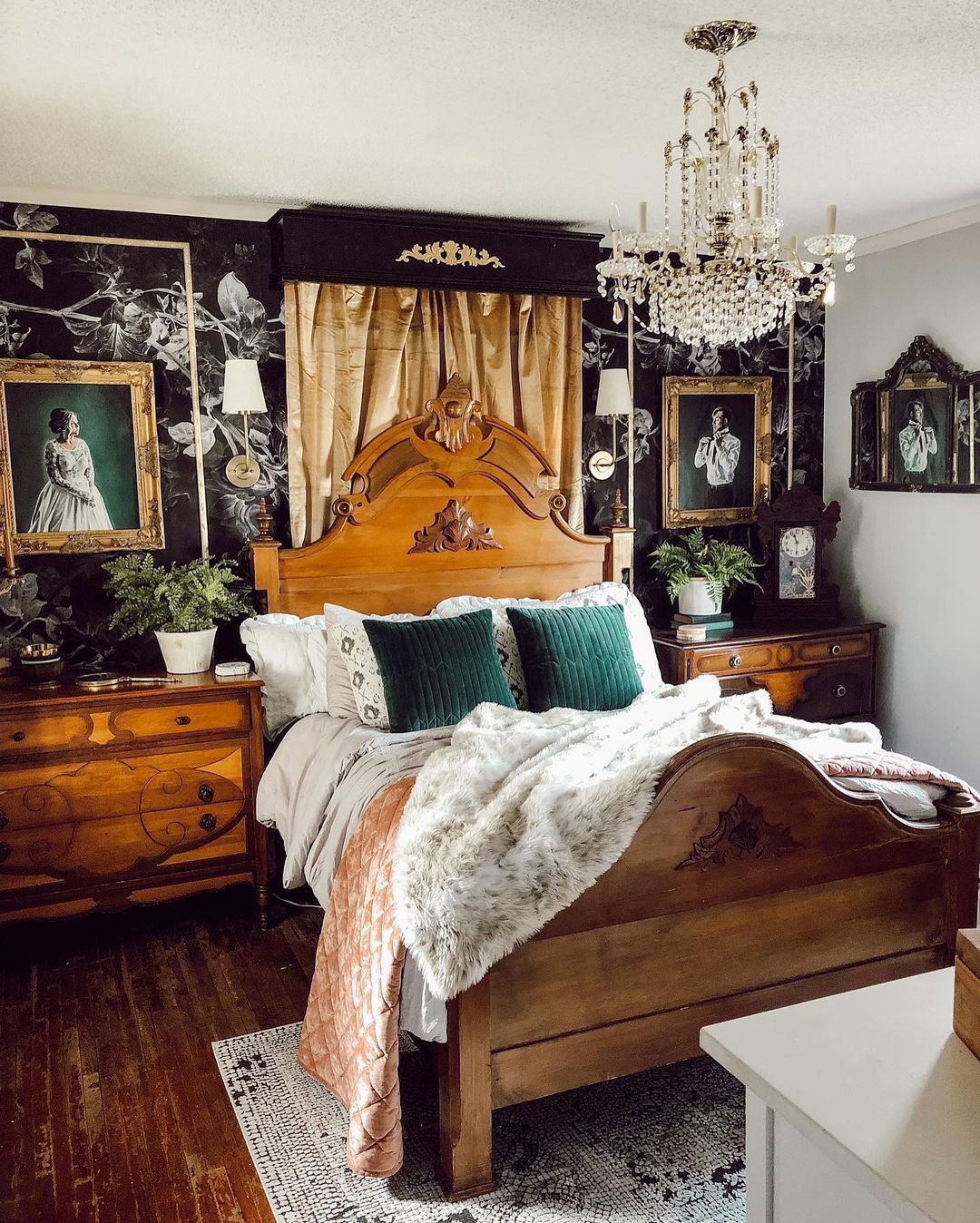 Dark Florals and Ornate Wood for a Luxe, Cozy Feel