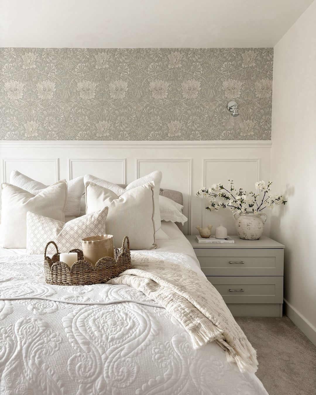 Elegant White Bedroom with Subtle Florals