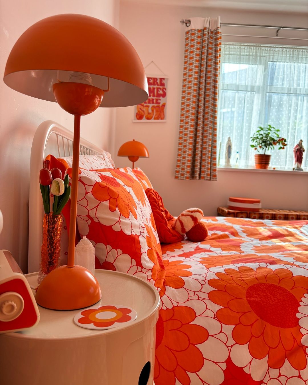 Bold Florals, Retro Orange Bedroom Decor