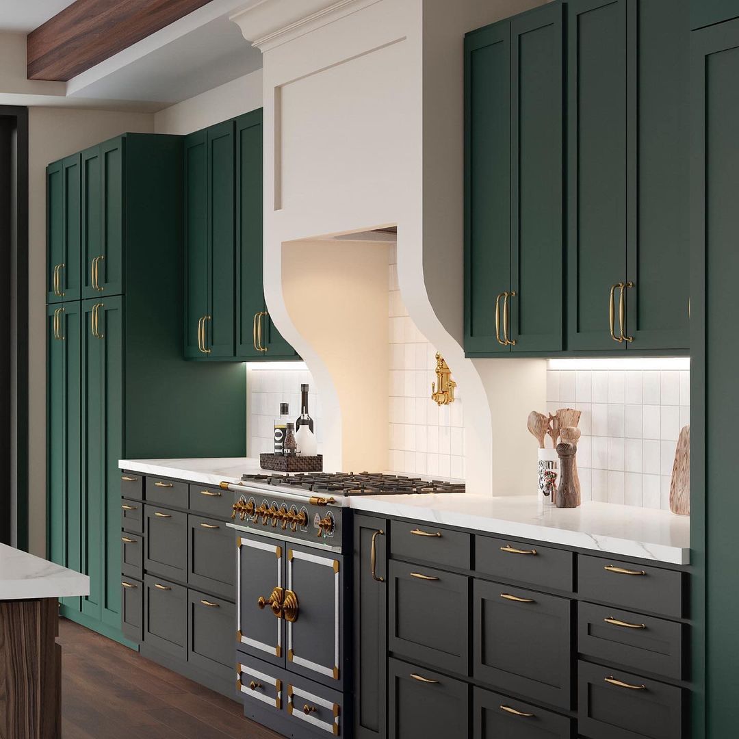 Deep green and gold Spanish kitchen