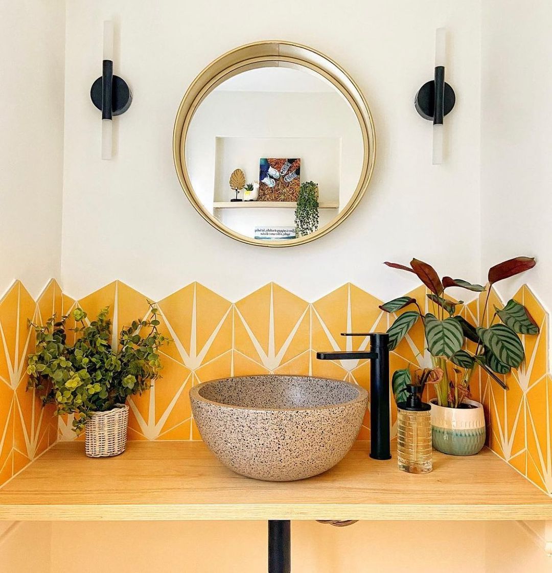 4. Modern Yellow With Geometric Flair Bathroom Decor