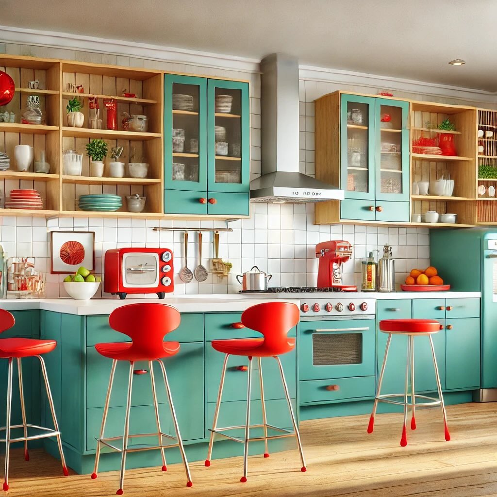 Retro Energy In Teal And Red Kitchen