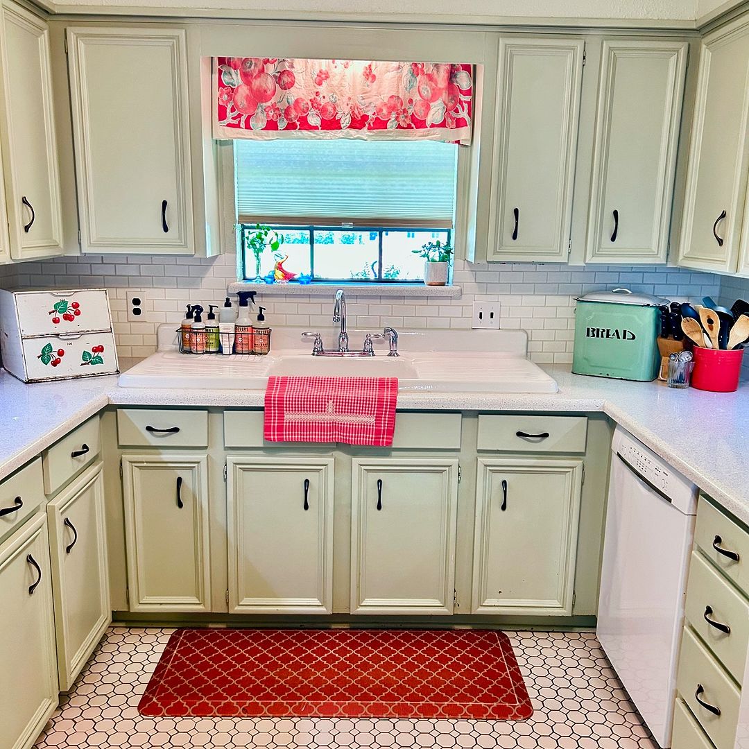 Soft Sage And Cherry Accents For Vintage Kitchen