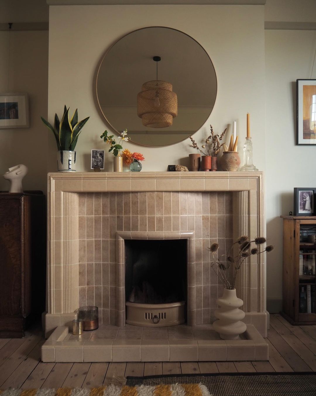 Neutral Tiled Fireplace With Earthy Accents