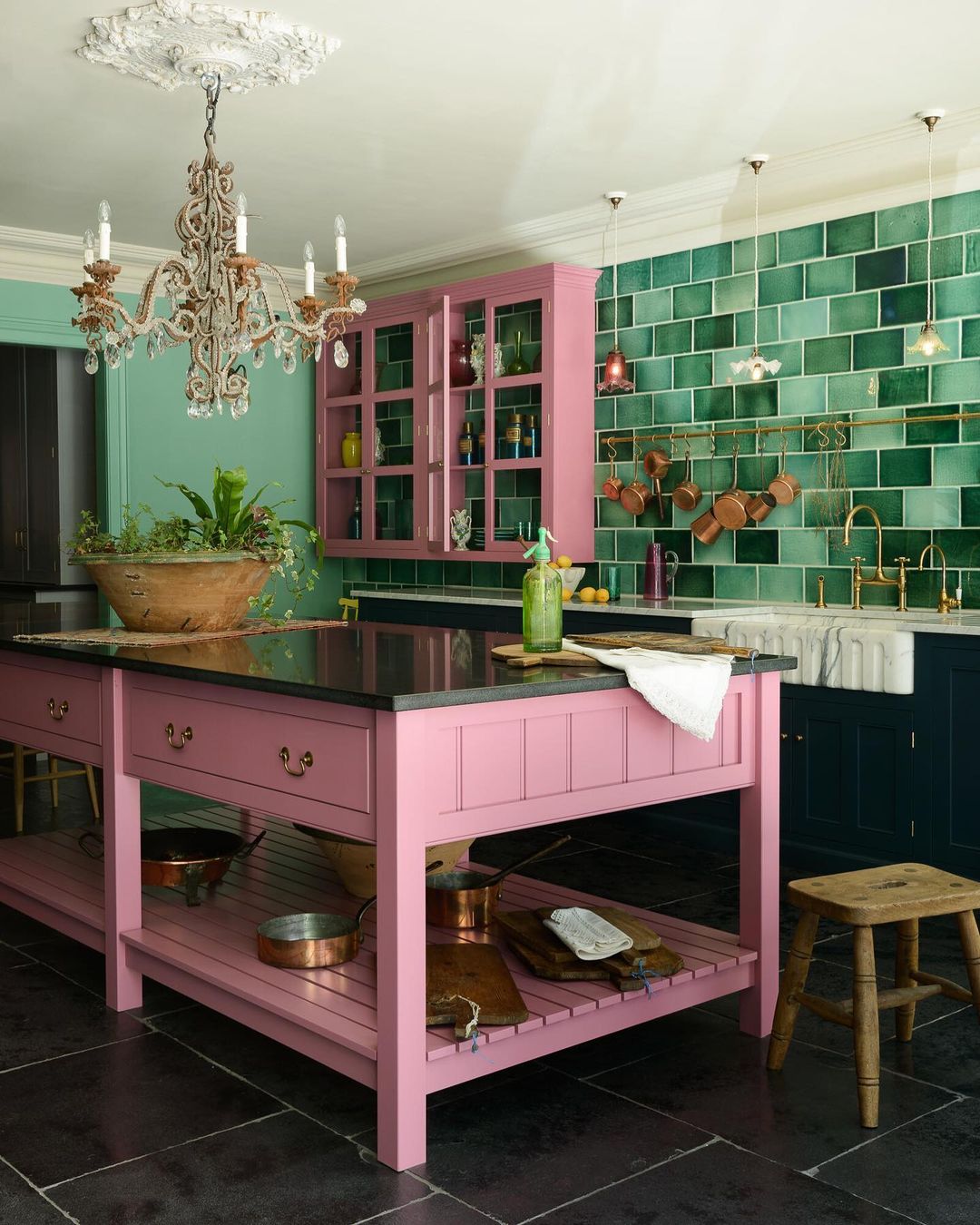 Jewel Tone Green Walls Meet Whimsical Pink