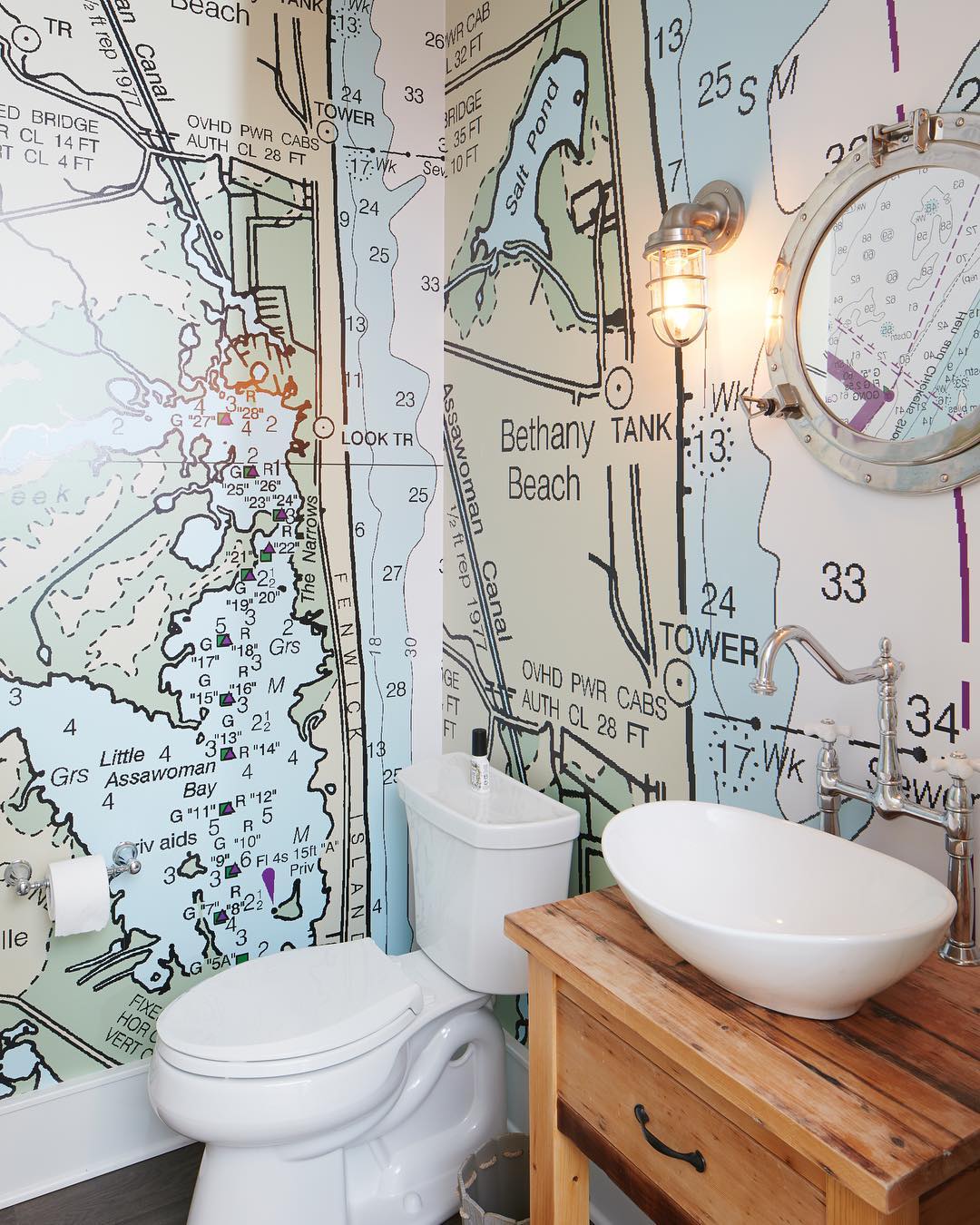 Map Murals Meet Rustic Coastal Nautical Bathroom Decor