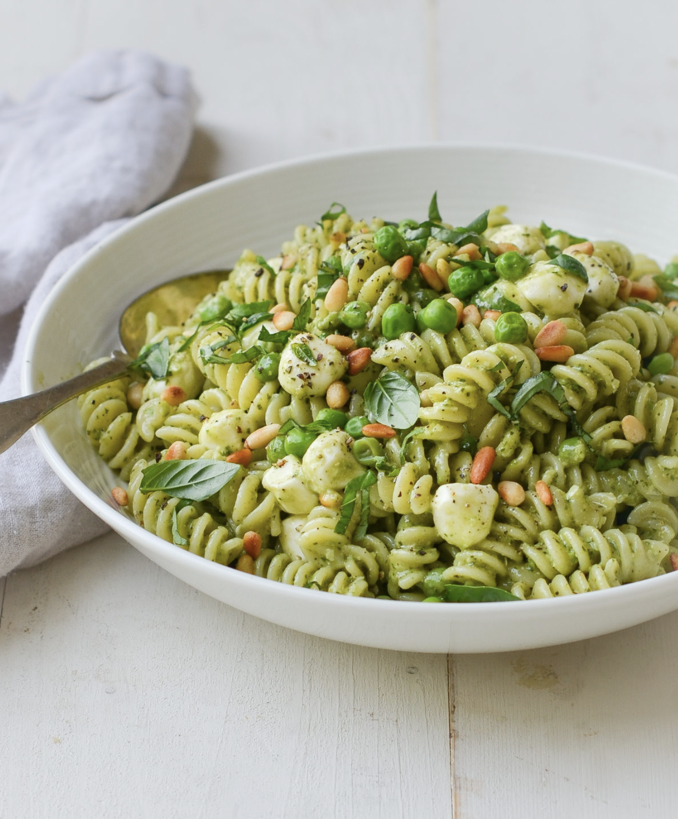 Pesto Pasta Salad with Peas, Pine Nuts & Mozzarella Pearls