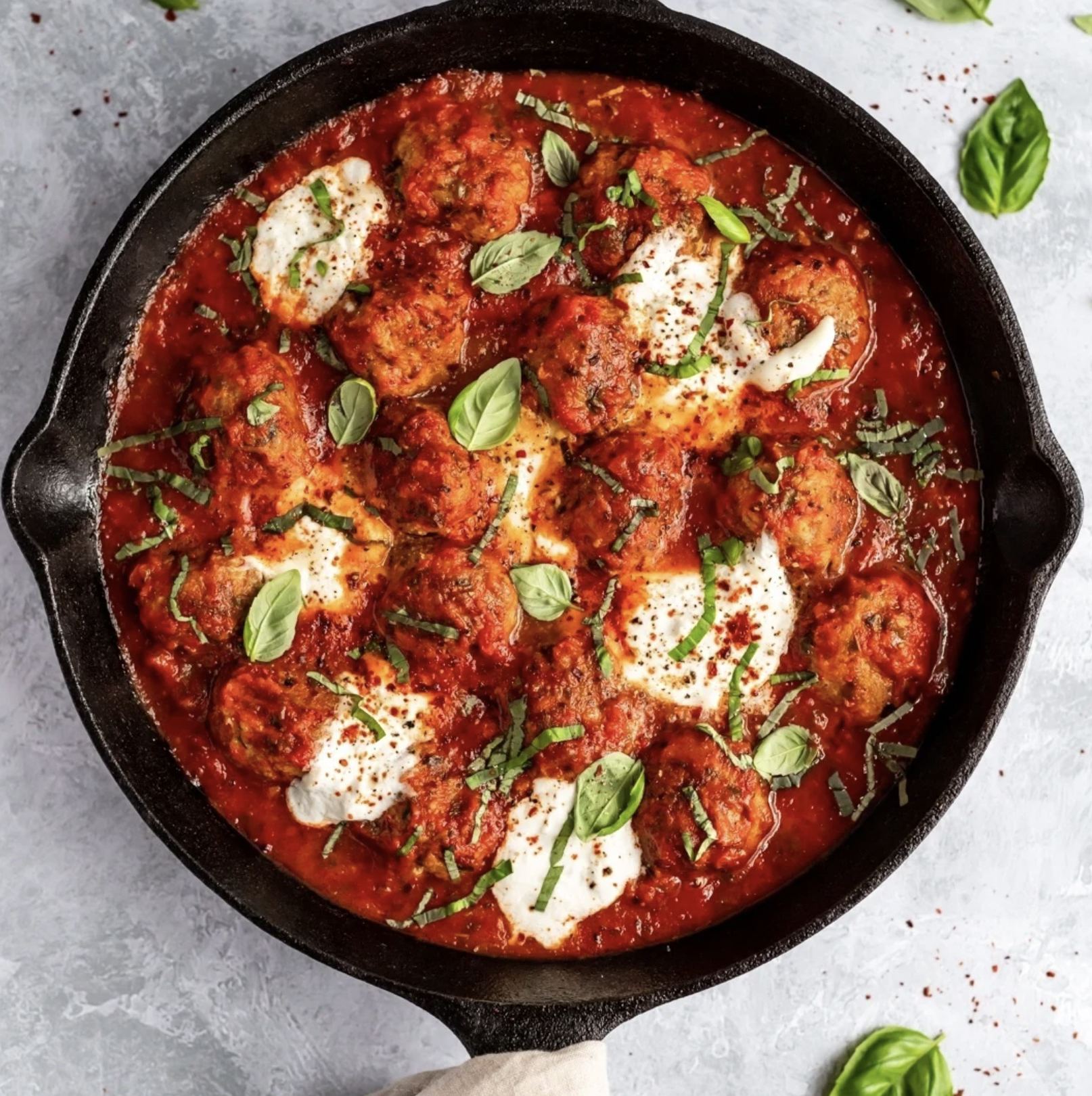 Spicy Tomato Basil Turkey Meatballs with Burrata