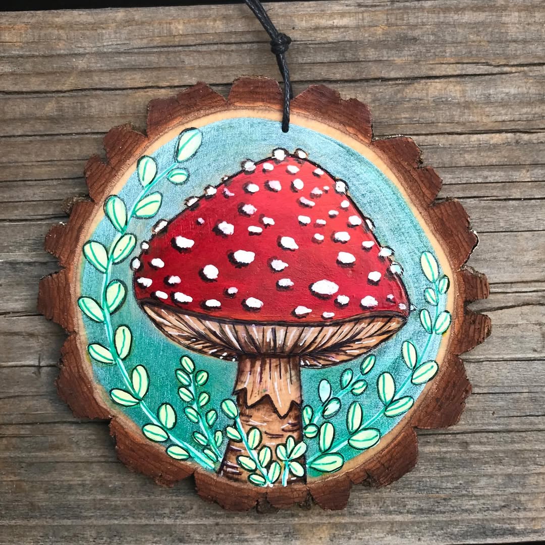 Painted Toadstool On Rustic Wood