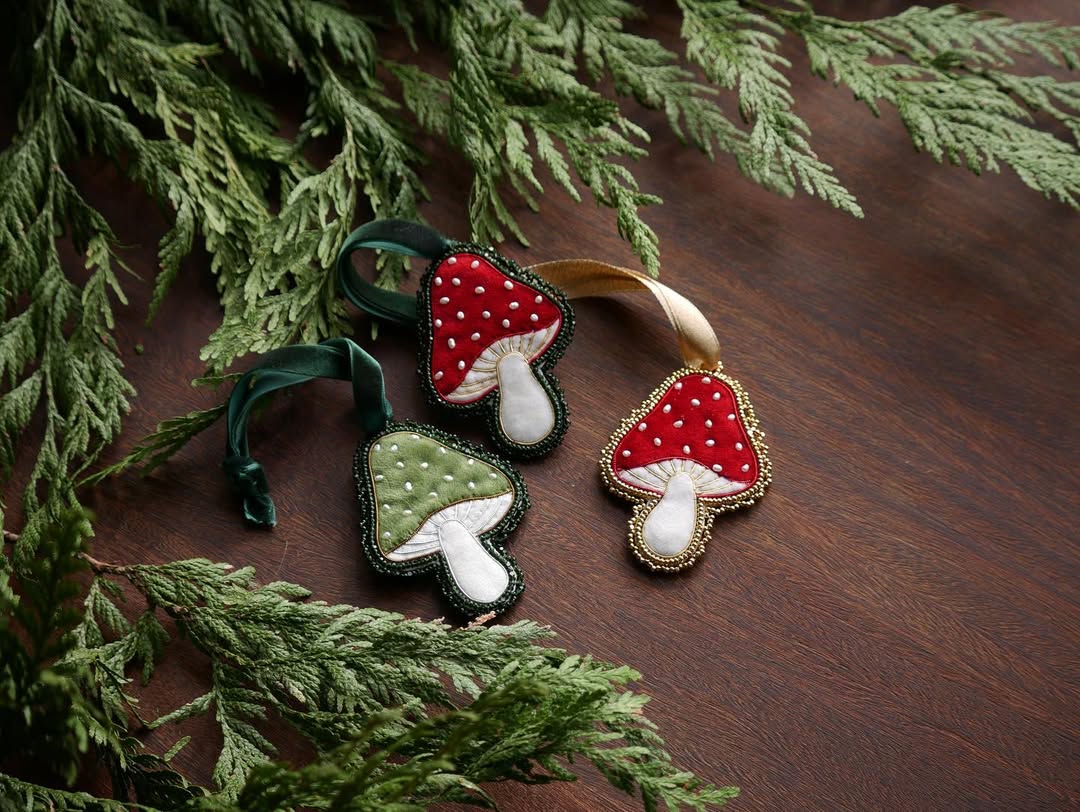 Beaded Velvet Mushrooms With Festive Sparkle