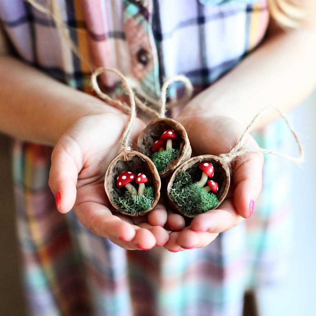 Mini Mushroom Worlds in Walnut Shells