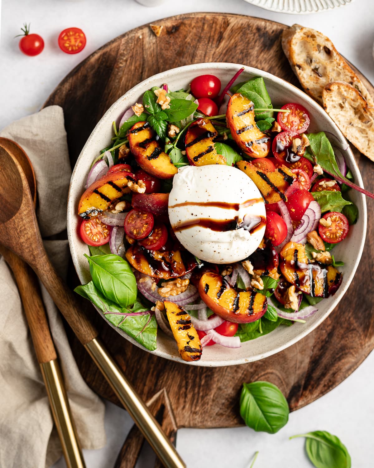 Grilled Peach and Burrata Salad with Balsamic Glaze and Toasted Walnuts