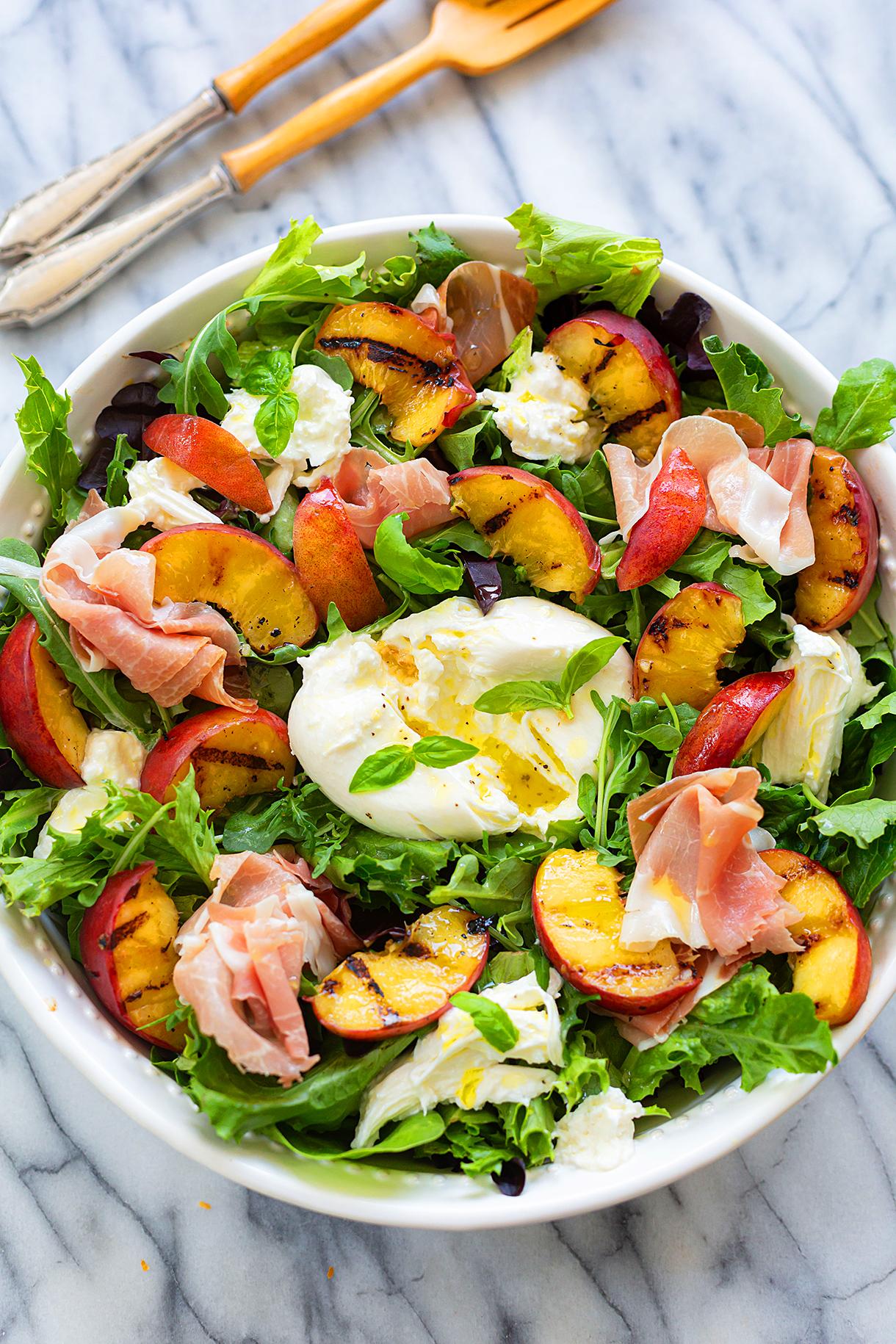 Grilled Peach and Burrata Salad with Prosciutto and Zesty Lemon-Honey Dressing