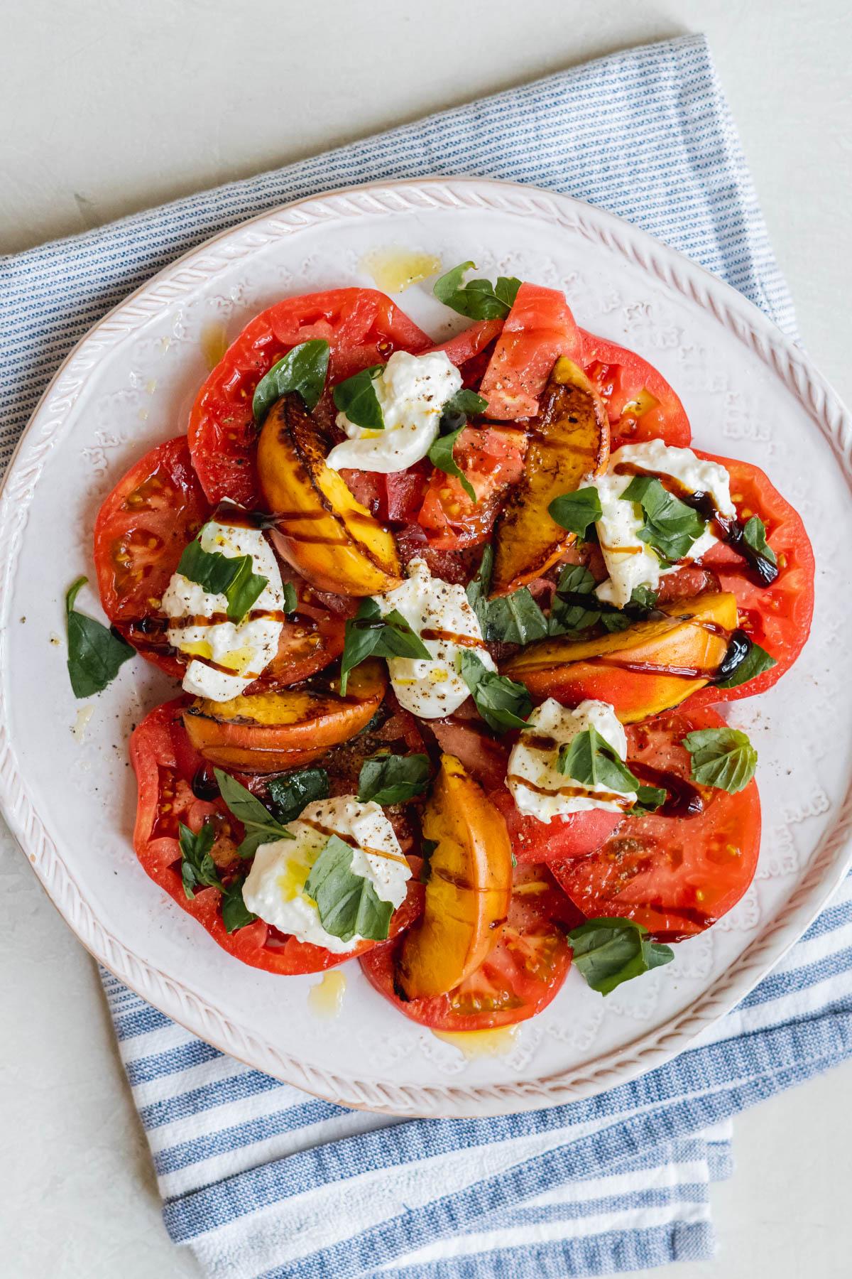 Grilled Peach and Tomato Salad with Burrata and Fresh Basil