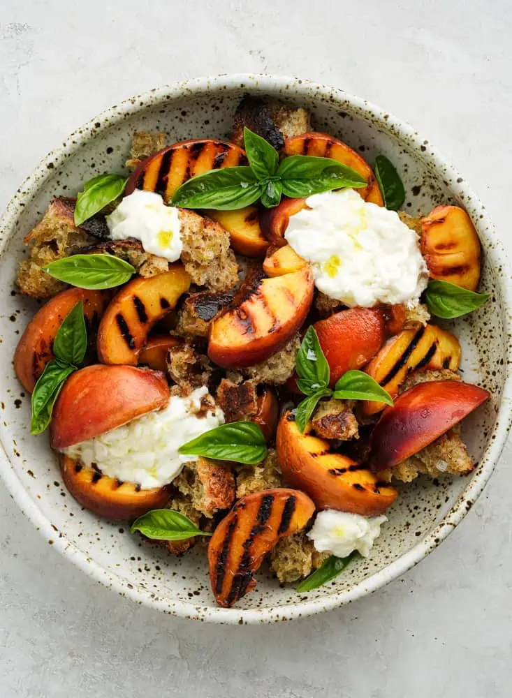 Grilled Peach Panzanella Salad with Burrata and Basil