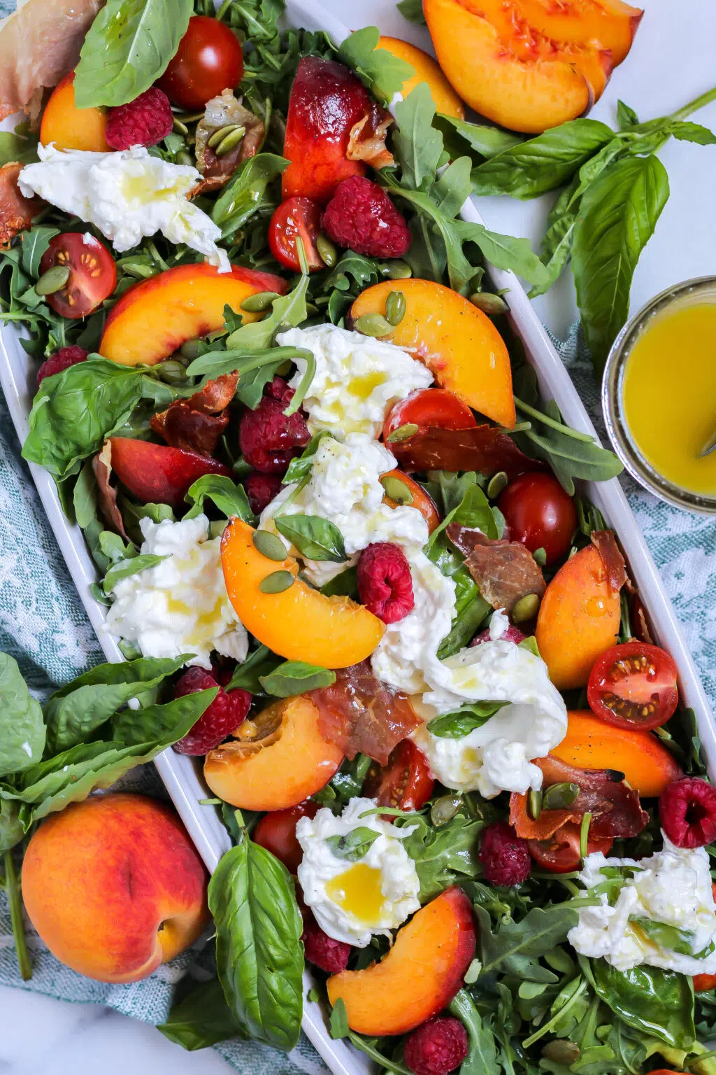 Peach and Burrata Salad with Honey Lemon Vinaigrette and Crispy Prosciutto