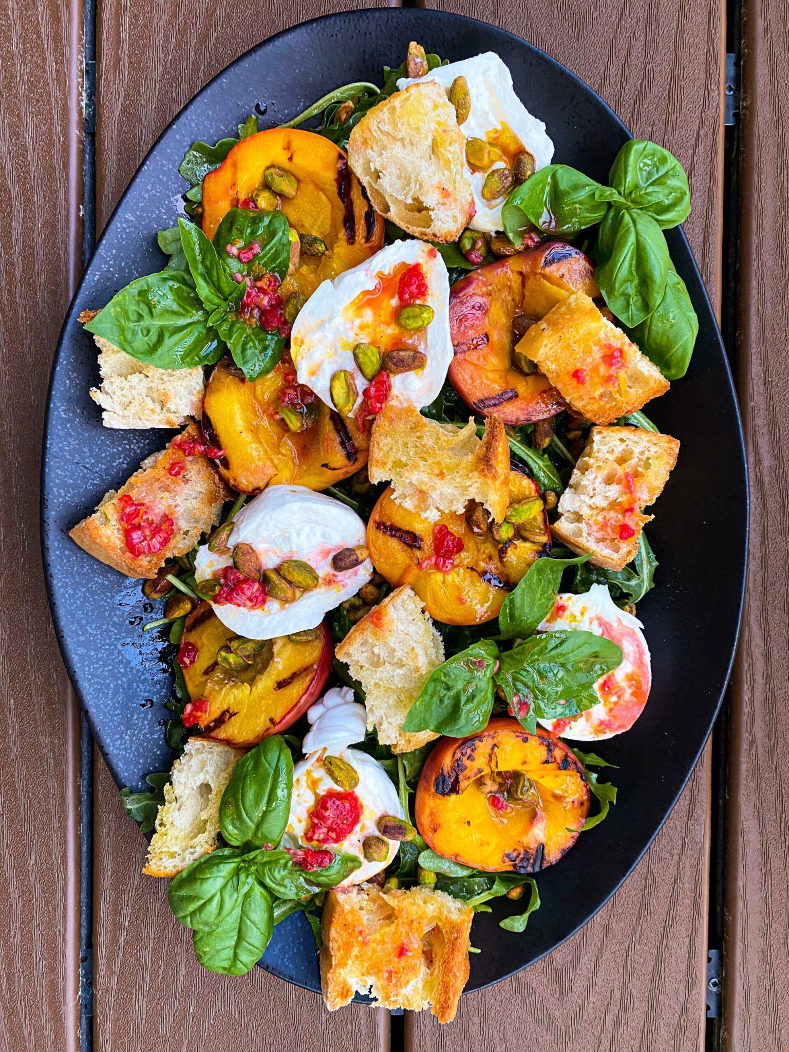 Peach Burrata Salad with Pistachios and Raspberry Vinaigrette