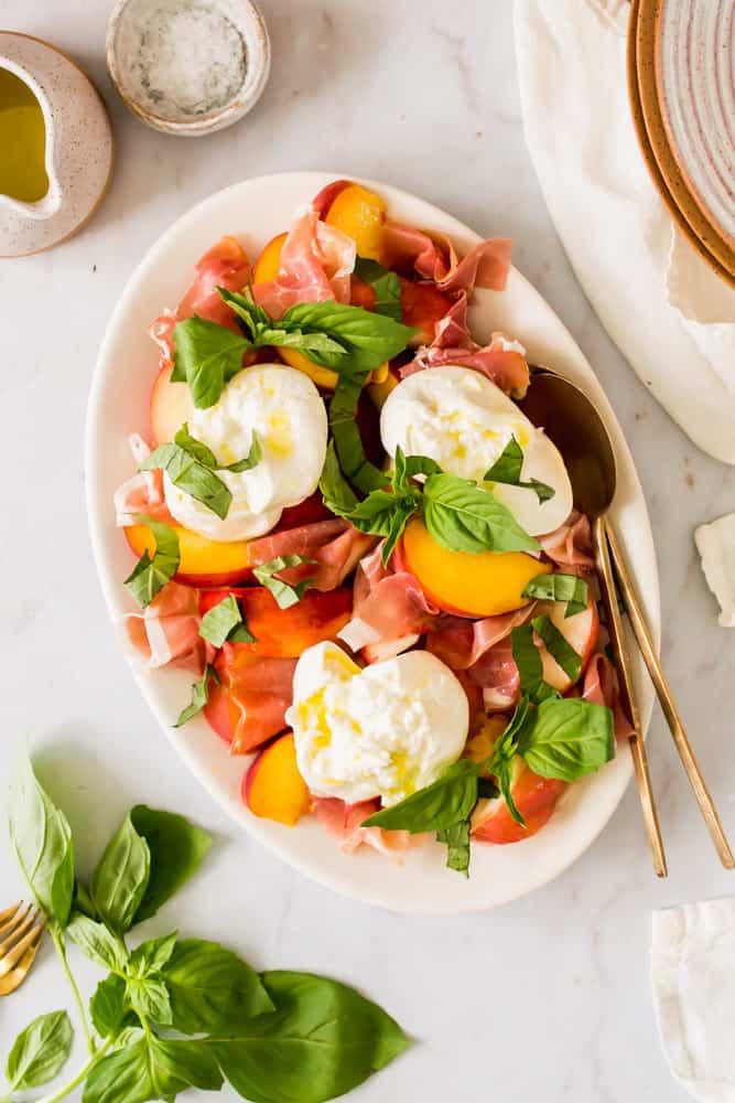 Peach Burrata Salad with Prosciutto and Champagne Dressing