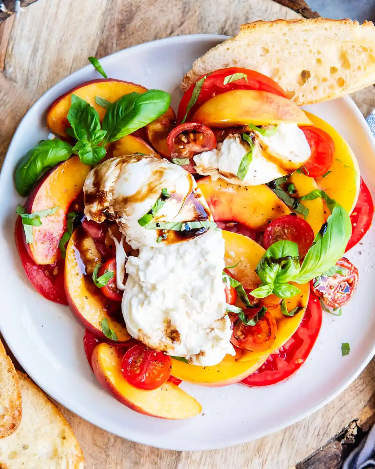 Tomato Peach Burrata Salad with Balsamic Glaze