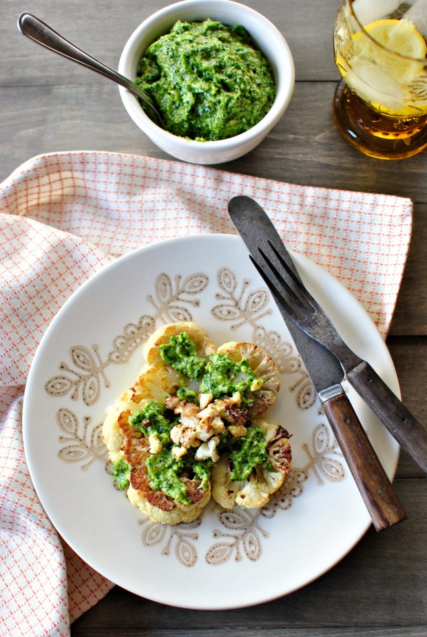 Roasted Cauliflower Steaks with Toasted Walnut Parsley Pesto