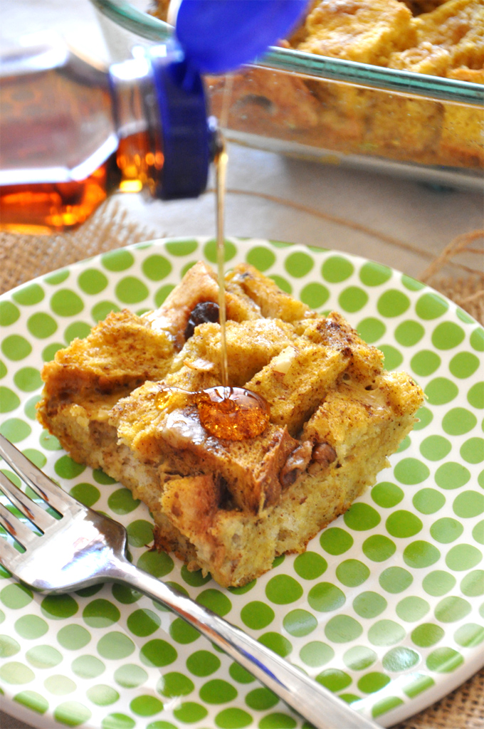 Layers of Bread Drenched in Pumpkin Spice Mixture Before Baking
